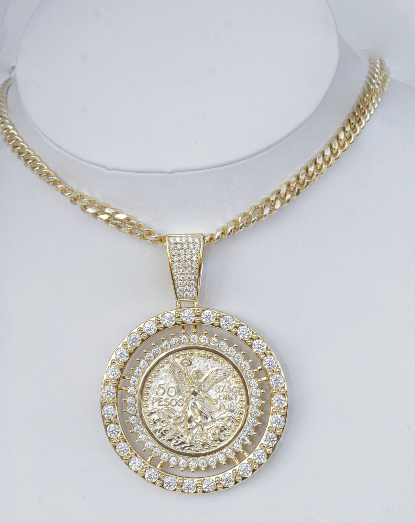 Mexican Centenario Pendant – 925 Silver, Gold Plated, with Moissanite Stones