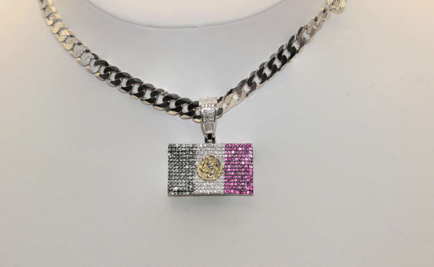 Mexican Flag Pendant – 925 Sterling Silver with CZ Stones