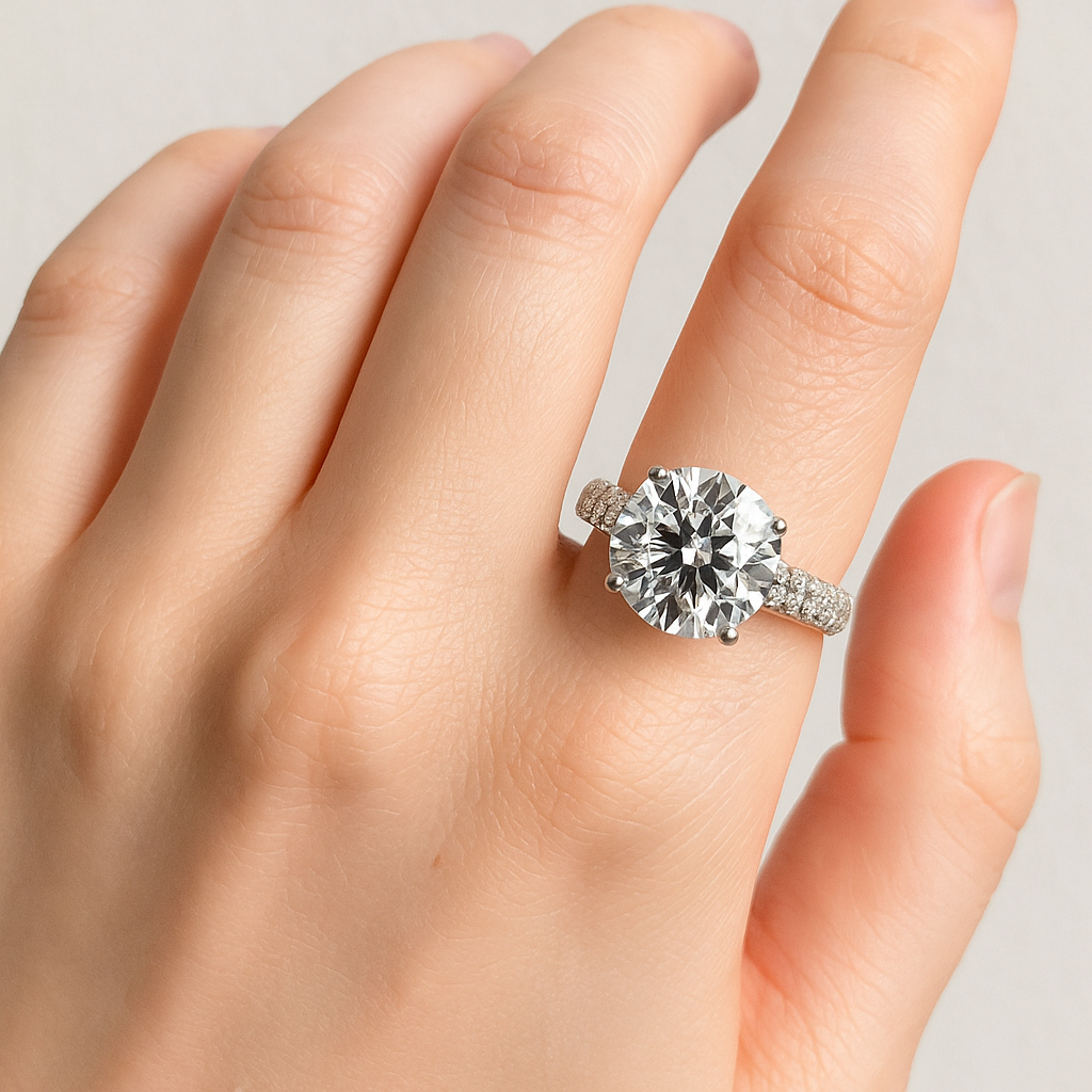 Round Cut Silver Floral Moissanite Cluster Engagement Ring