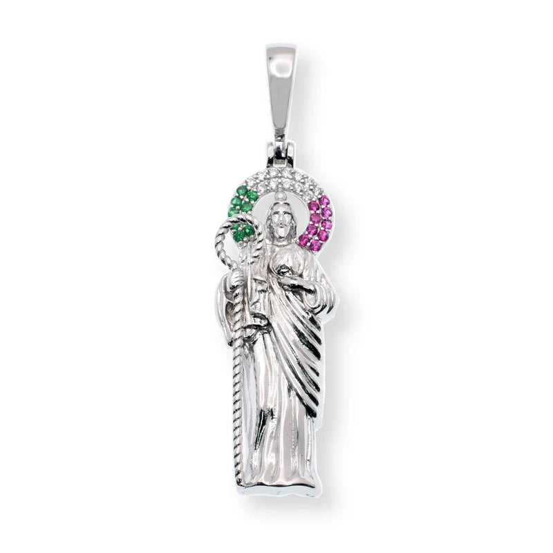 Saint Jude Pendant - Clear Green and Red Zirconia Stones