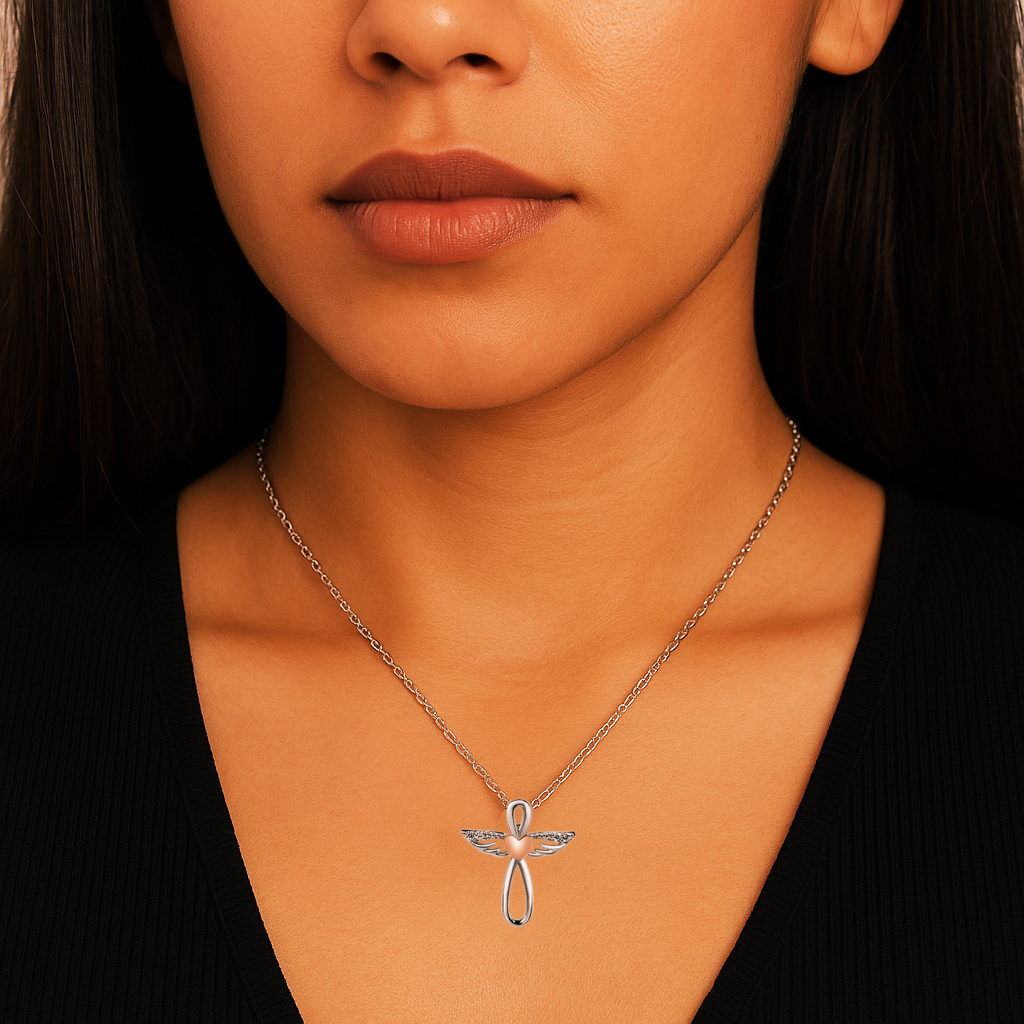Angel Cross Necklace with Rose Gold Heart & Cubic Rhinestone