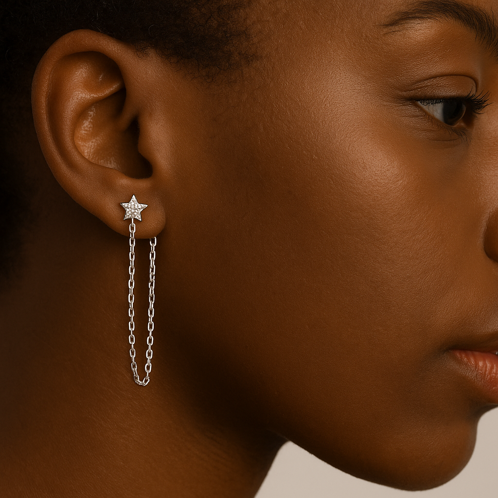 Sterling Silver Star Chain Diamond Rhinestone Stud Earring