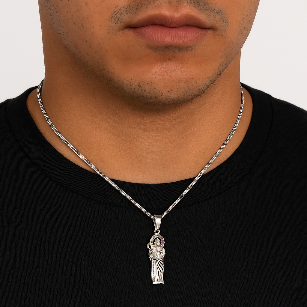 Saint Jude Pendant - Clear Green and Red Zirconia Stones