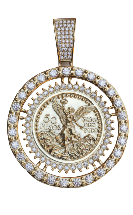 Mexican Centenario Pendant – 925 Silver, Gold Plated, with Moissanite Stones