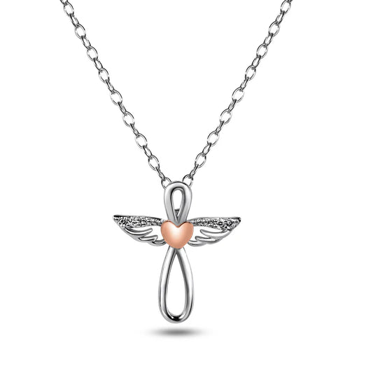 Angel Cross Necklace with Rose Gold Heart & Cubic Rhinestone