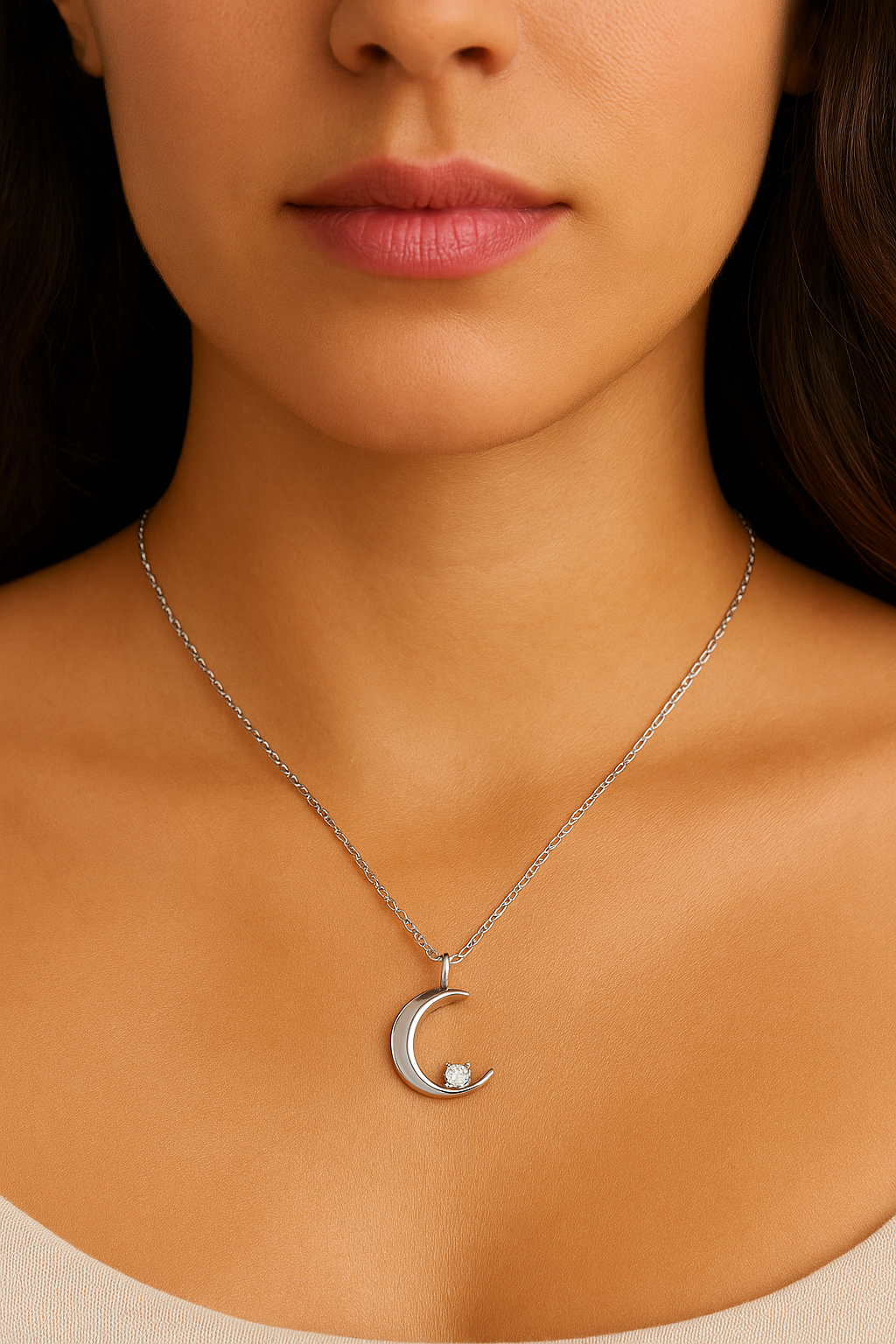 Crescent Necklace with Clear Stone